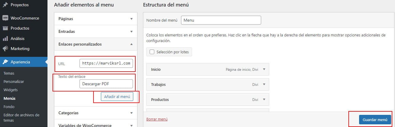 PDF al menú WordPress